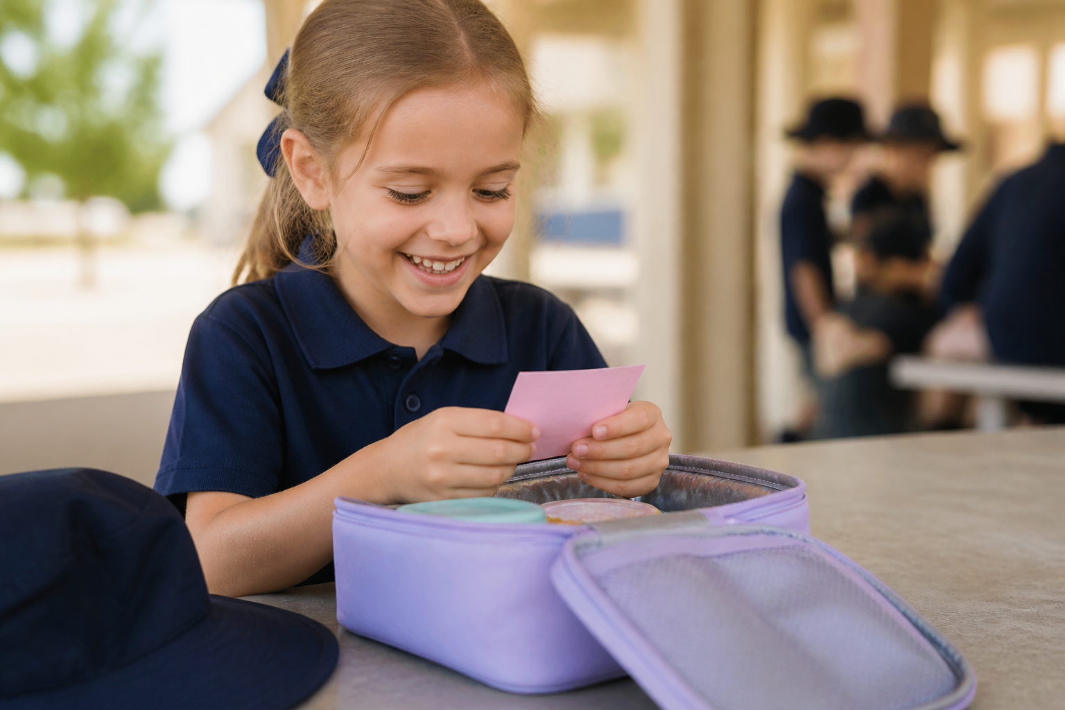 An Australian schoolgirl in uniform smiling as she finds a Tiny Note in her lunchbox at recess
